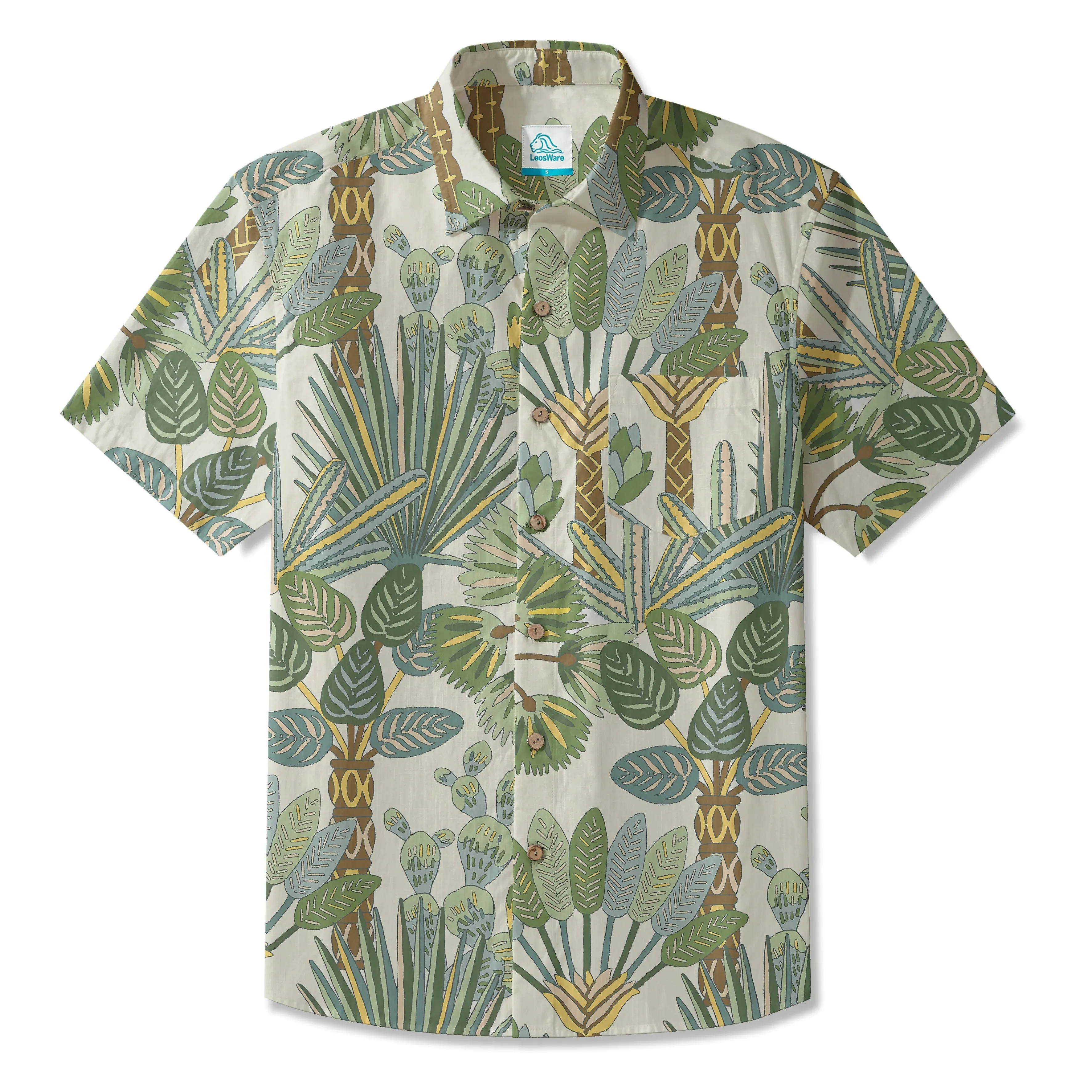 LeosWare® Men's Hawaiian Shirt Short Sleeve Button-up 100% Cotton Green Aloha Tropical Jungle Paradise sold by Yiume
