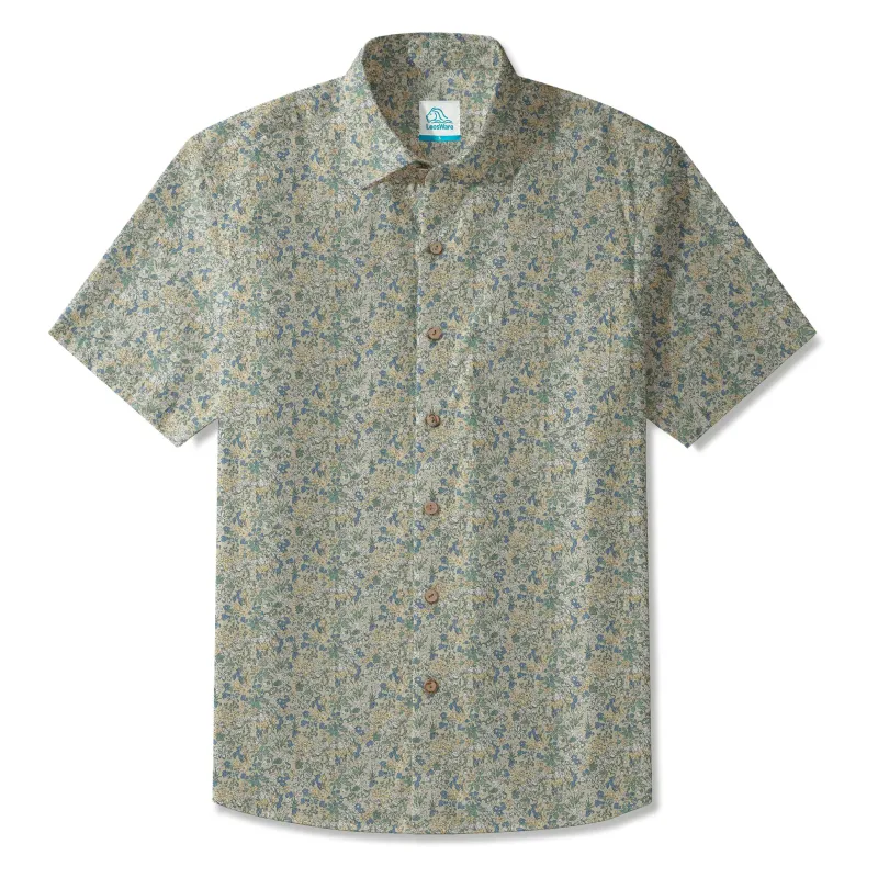 LeosWare® Men's Hawaiian Shirt Short Sleeve Button-up 100% Cotton Green Aloha Wildflower Collection sold by Yiume