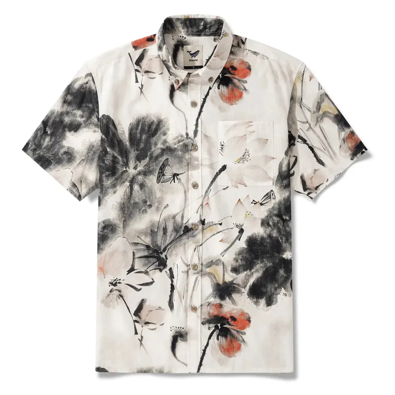 Men's Hawaiian Shirt Short Sleeve Button-down 100% Cotton Gray Aloha Eastern Lotus Elegance sold by Yiume