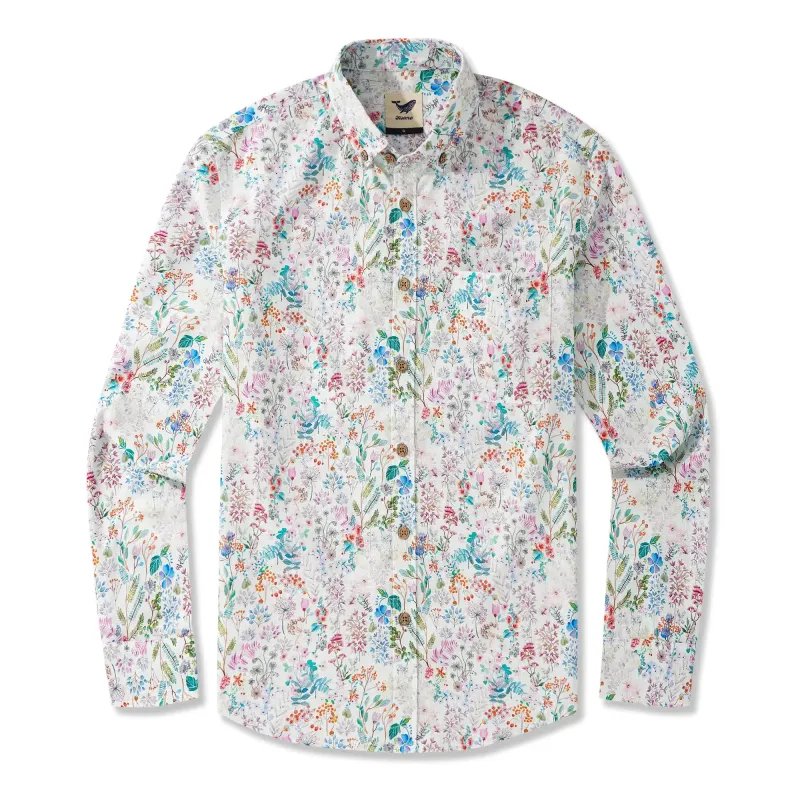 Men's Hawaiian Shirt Long Sleeve Button-down 100% Cotton Aloha Botanical Haven sold by Yiume