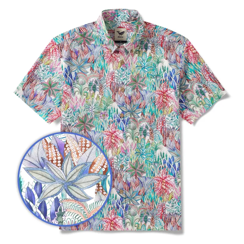 Men's Hawaiian Shirt Short Sleeve Button-down 100% Cotton Blue Aloha Floral Island Adventure sold by Yiume