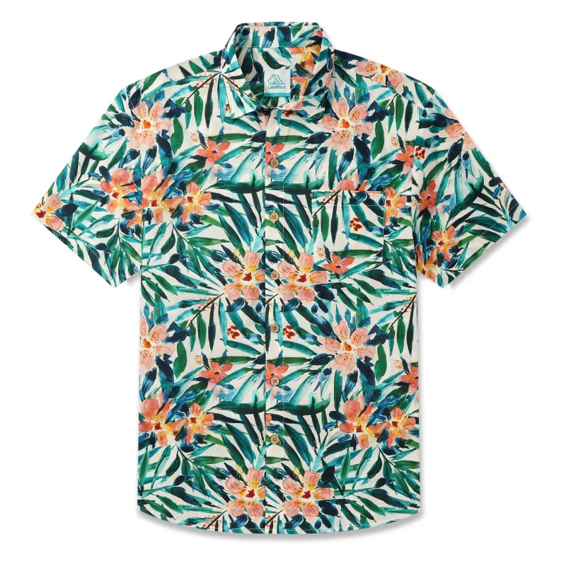 LeosWare® Men's Hawaiian Shirt Short Sleeve Button-up 100% Cotton Green Aloha Fresh Floral And Leaf Artistic Painting sold by Yiume