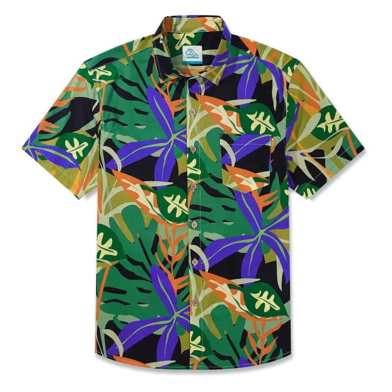 LeosWare® Men's Hawaiian Shirt Short Sleeve Button-up 100% Cotton Green Aloha Colorful Tropical Plant Leaf Art sold by Yiume
