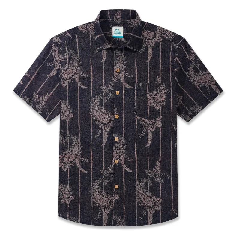 LeosWare® Men's Hawaiian Shirt Short Sleeve Button-up 100% Cotton Blue Aloha Elegant Vintage Paisley Stripe Pattern Design sold by Yiume