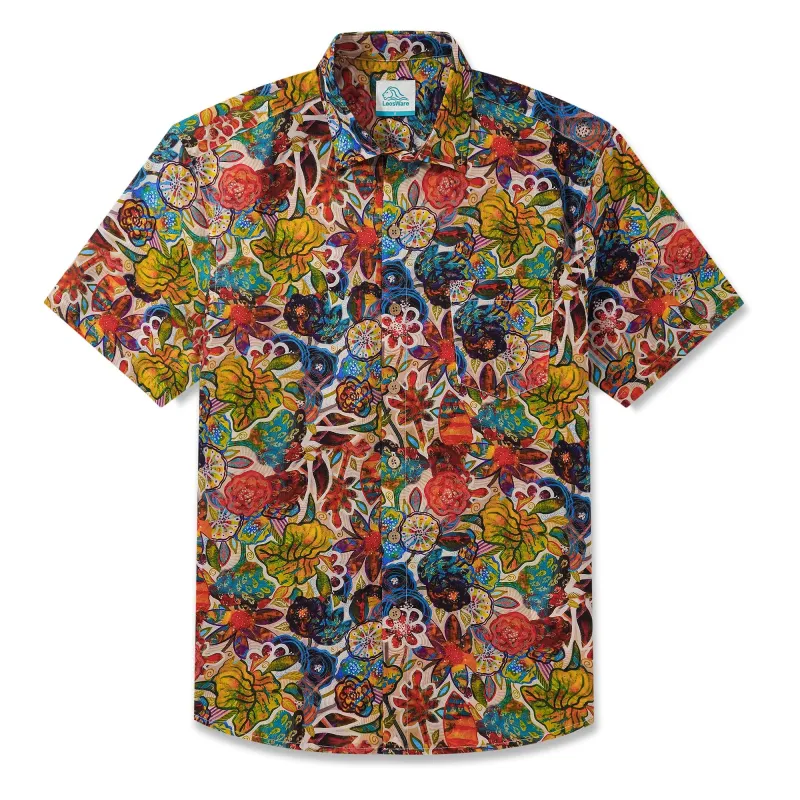 LeosWare® Men's Hawaiian Shirt Short Sleeve Button-up 100% Cotton Red Aloha Colorful Floral Fantasy sold by Yiume
