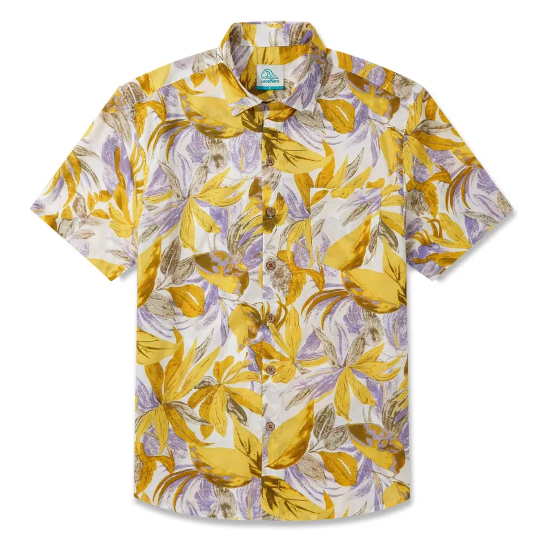 LeosWare® Men's Hawaiian Shirt Short Sleeve Button-up 100% Cotton Yellow Aloha Tropical Golden Leaves sold by Yiume