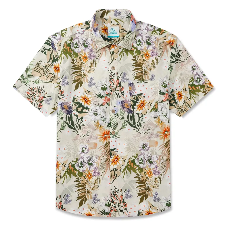 LeosWare® Men's Hawaiian Shirt Short Sleeve Button-up 100% Cotton Beige Aloha Tropical Flower Silhouette sold by Yiume