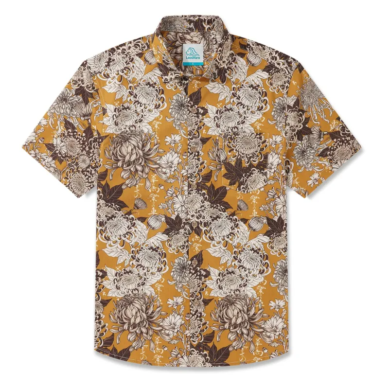 LeosWare® Men's Hawaiian Shirt Short Sleeve Button-up 100% Cotton Yellow Aloha Japanese Vintage Floral Pattern Design sold by Yiume