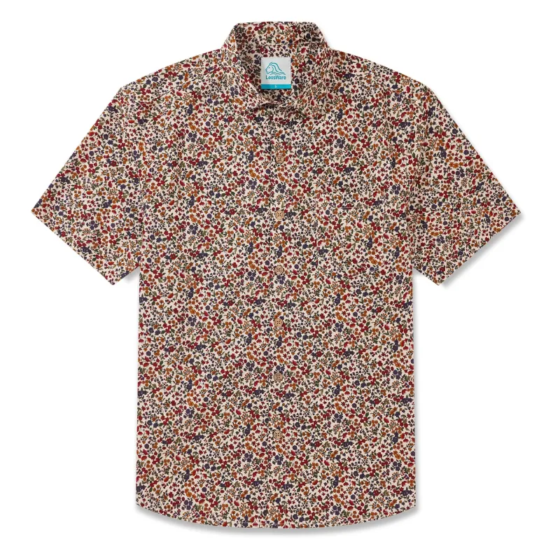LeosWare® Men's Hawaiian Shirt Short Sleeve Button-up 100% Cotton Red Aloha Colorful Countryside Small Floral Pattern Painting sold by Yiume