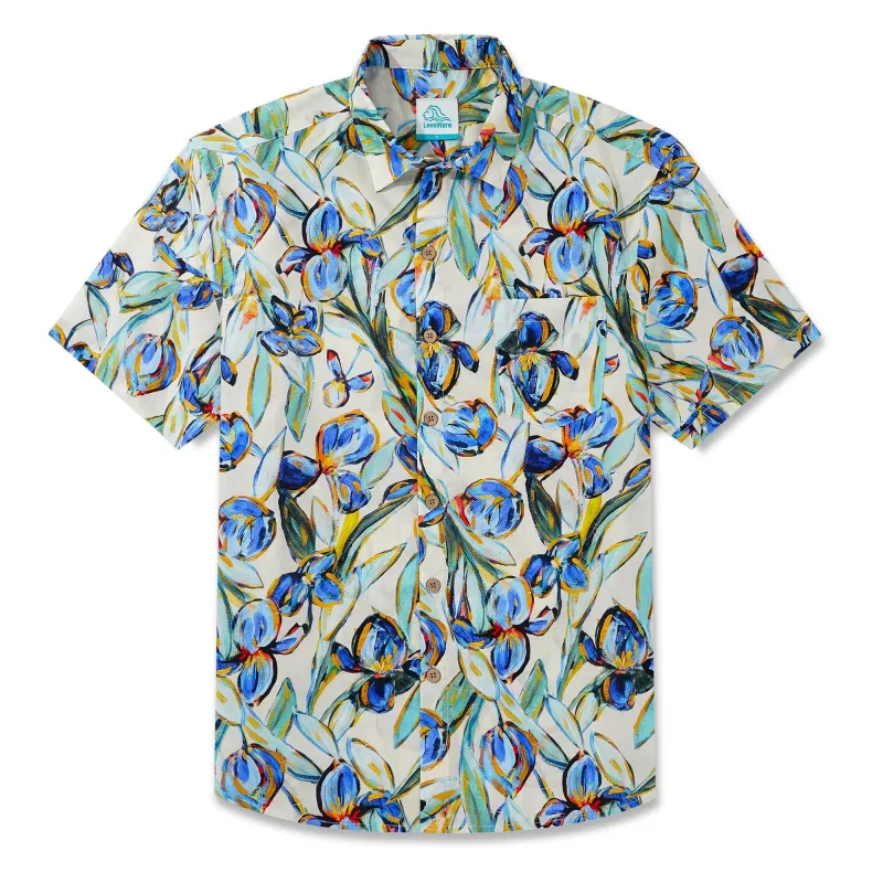 LeosWare® Men's Hawaiian Shirt Short Sleeve Button-up 100% Cotton Blue Aloha Vibrant Blue Floral Art Painting sold by Yiume