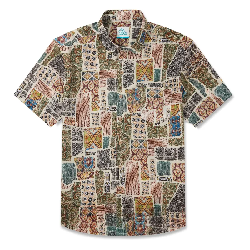 LeosWare® Men's Hawaiian Shirt Short Sleeve Button-up 100% Cotton Green Aloha Vintage Ethnic Patchwork Collection sold by Yiume