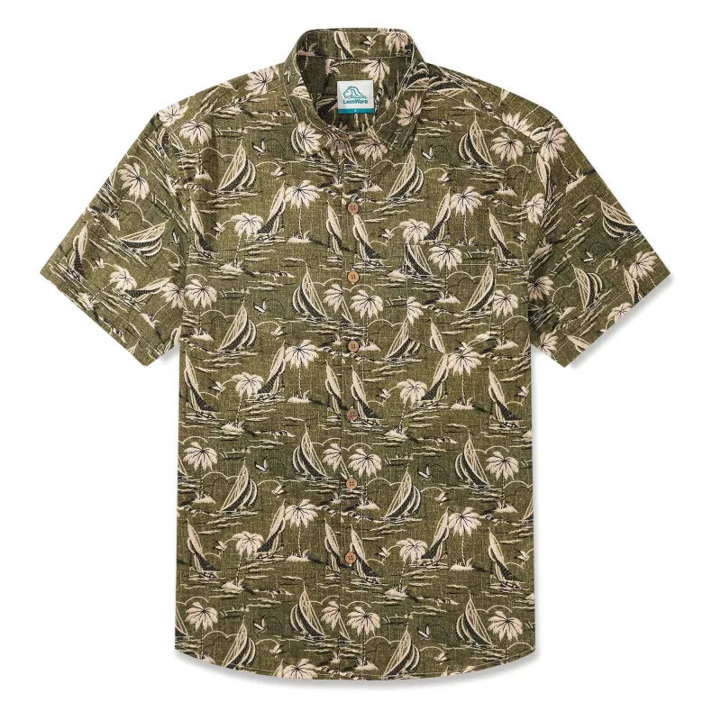 LeosWare® Men's Hawaiian Shirt Short Sleeve Button-up 100% Cotton Green Aloha Vintage Seaside Charm sold by Yiume