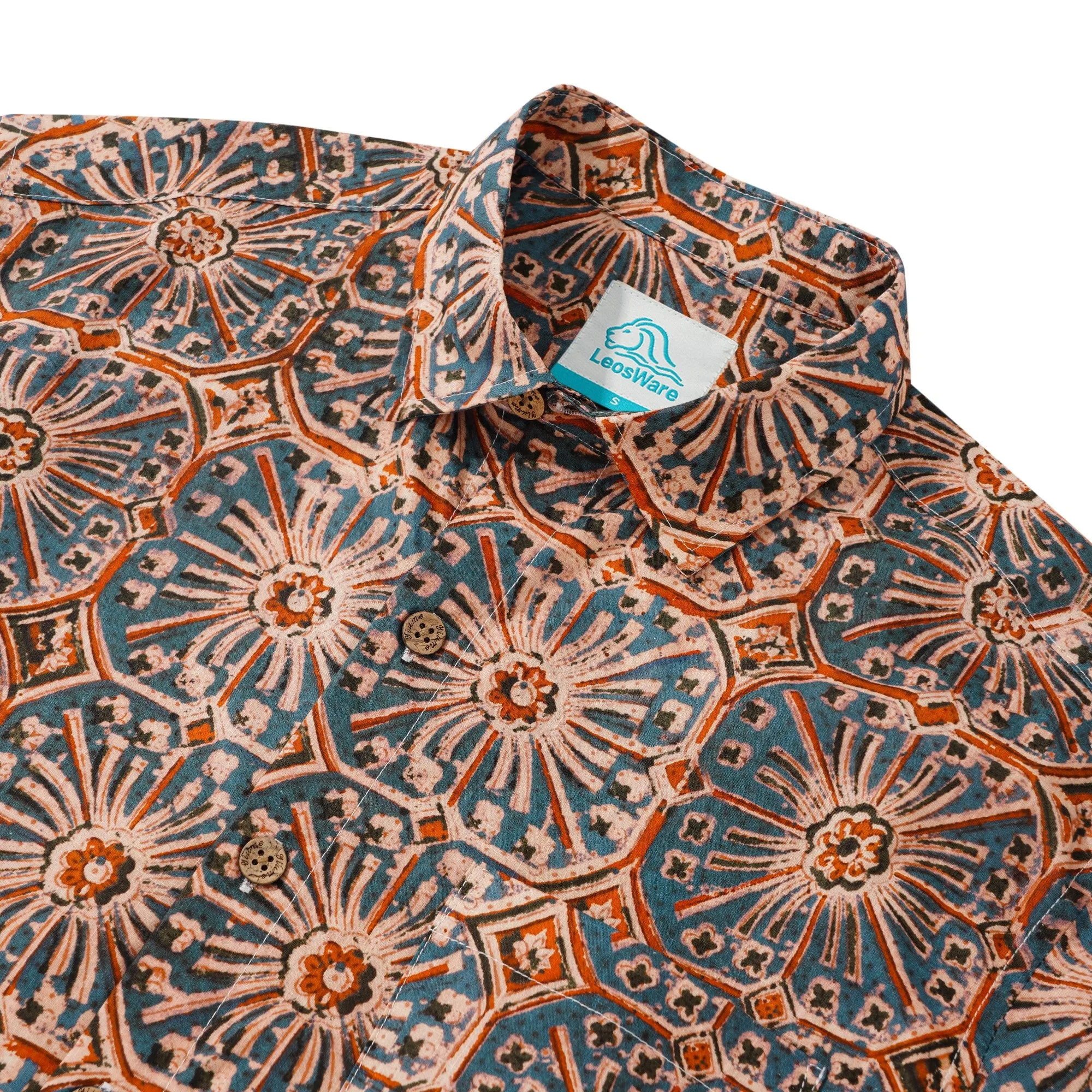 LeosWare® Men's Hawaiian Shirt Short Sleeve Button-up 100% Cotton Blue Aloha Elegant Vintage Symmetrical Pattern Art sold by Yiume product image thumbnail 3