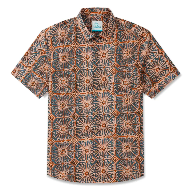 LeosWare® Men's Hawaiian Shirt Short Sleeve Button-up 100% Cotton Blue Aloha Elegant Vintage Symmetrical Pattern Art sold by Yiume
