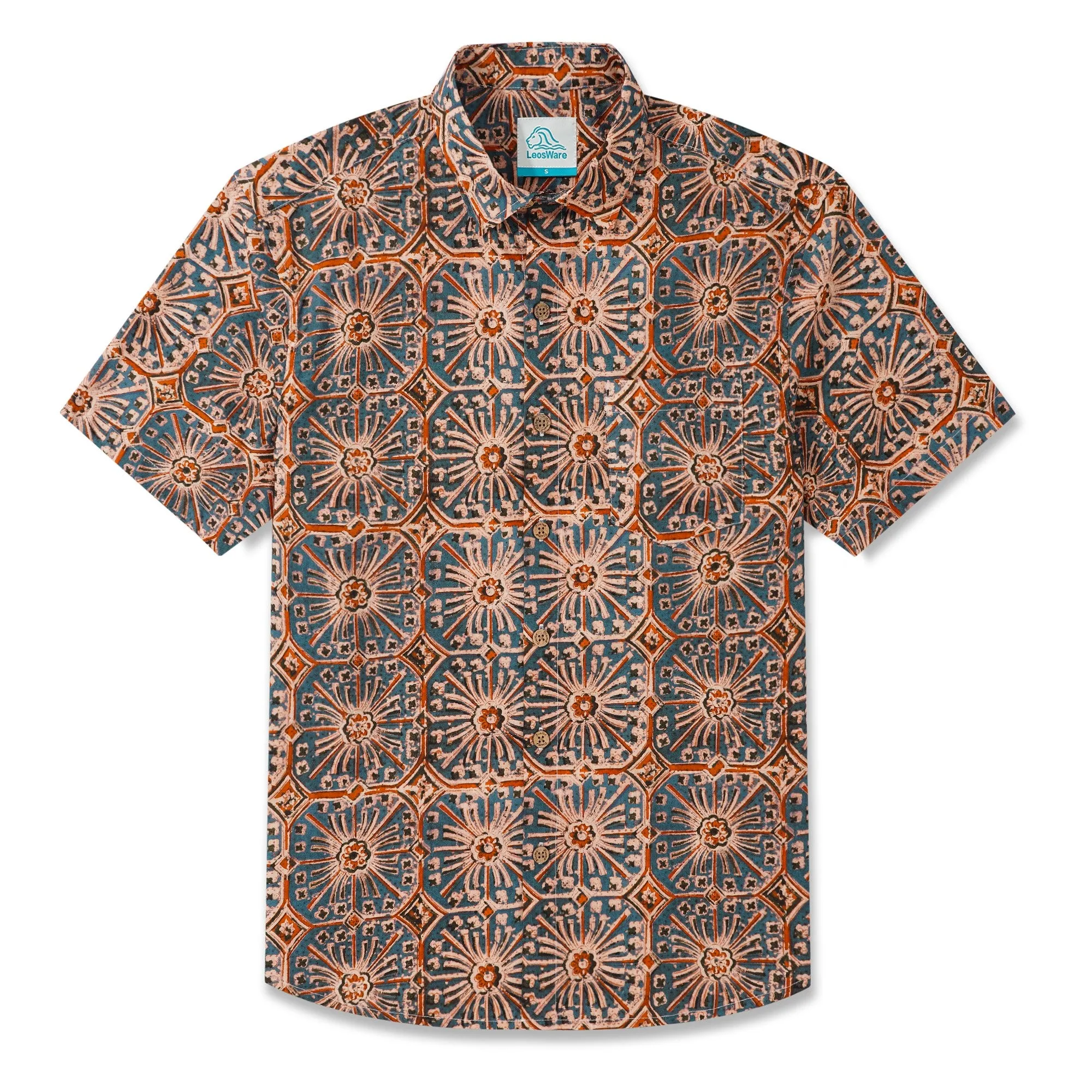 LeosWare® Men's Hawaiian Shirt Short Sleeve Button-up 100% Cotton Blue Aloha Elegant Vintage Symmetrical Pattern Art sold by Yiume