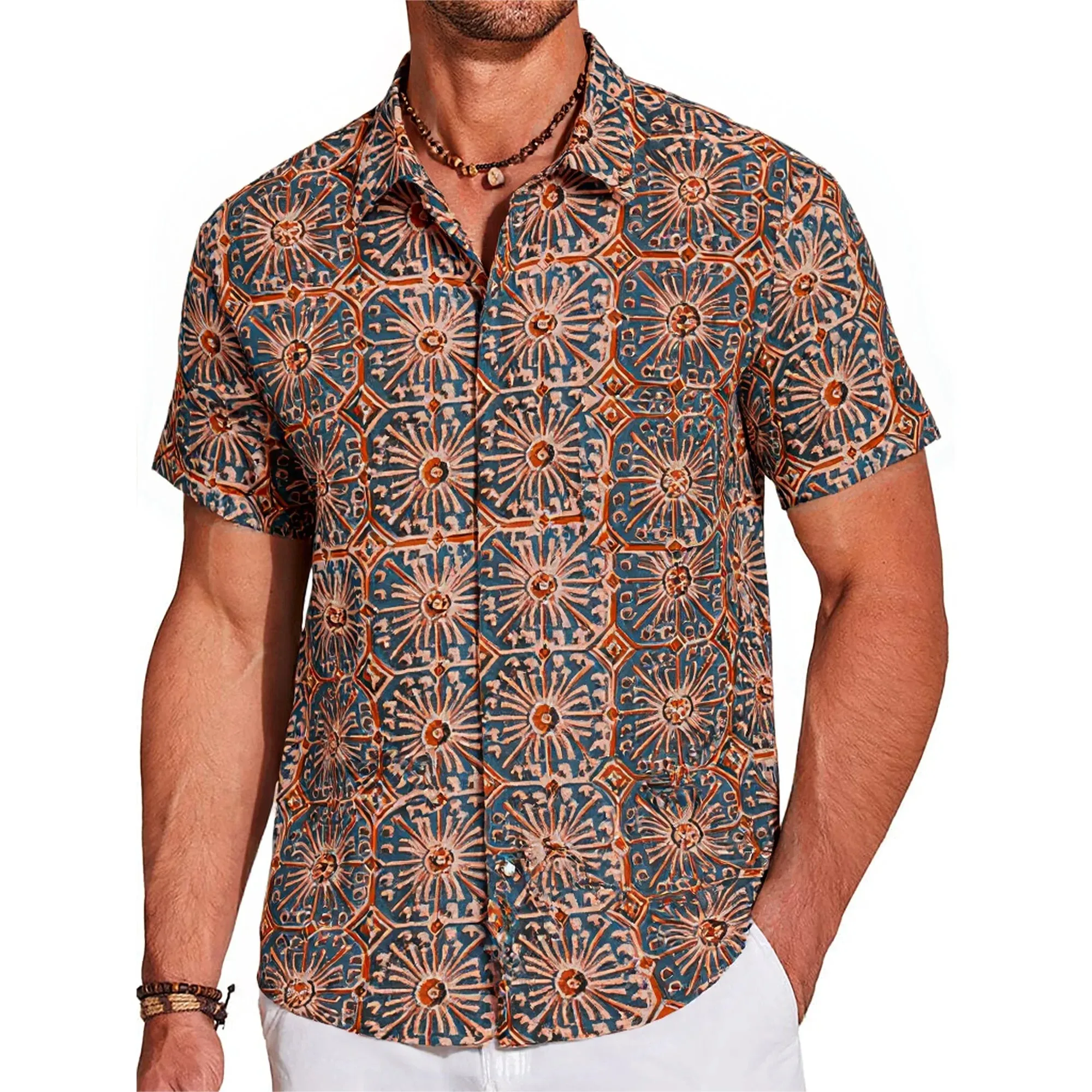 LeosWare® Men's Hawaiian Shirt Short Sleeve Button-up 100% Cotton Blue Aloha Elegant Vintage Symmetrical Pattern Art sold by Yiume product image thumbnail 2