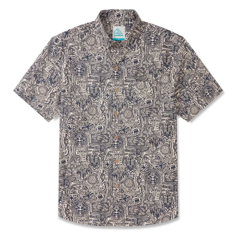LeosWare® Men's Hawaiian Shirt Short Sleeve Button-up 100% Cotton Blue Aloha Exotic Tribe Gray-blue Art Pattern Painting sold by Yiume