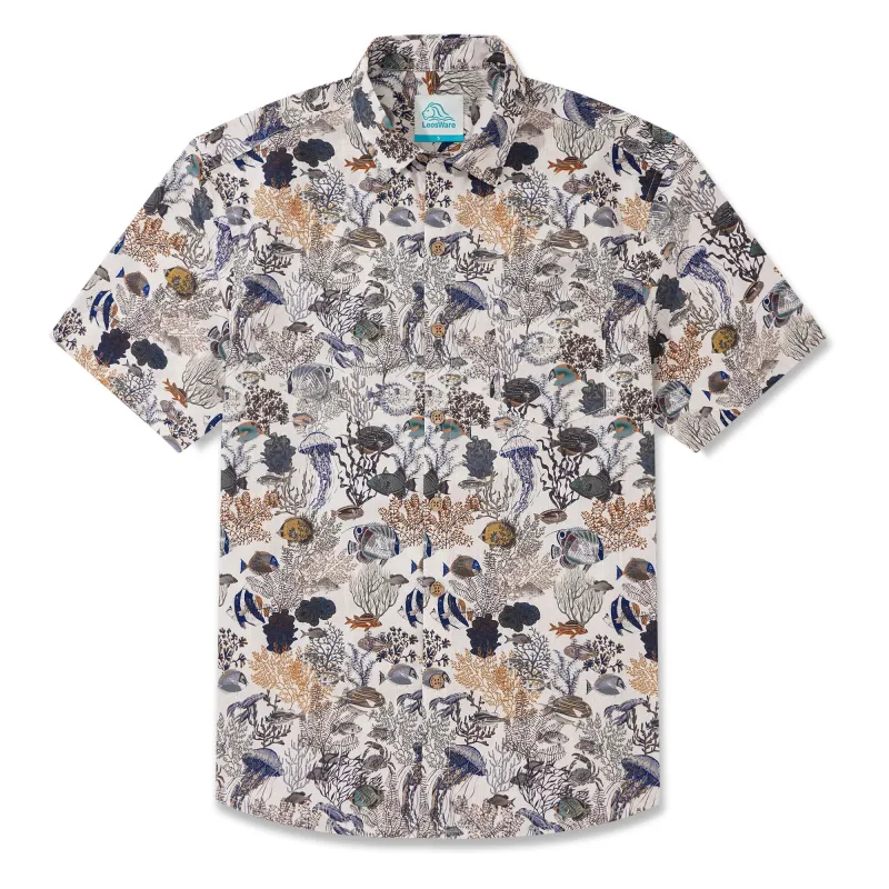 LeosWare® Men's Hawaiian Shirt Short Sleeve Button-up 100% Cotton Blue Aloha Fresh Oceanic Marine Ecological Pattern Design sold by Yiume