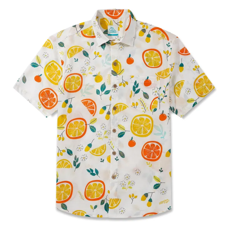 LeosWare® Men's Hawaiian Shirt Short Sleeve Button-up 100% Cotton Yellow Aloha Summer Fruit Guide sold by Yiume