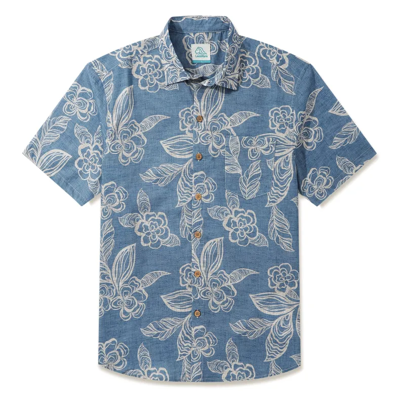 LeosWare® Men's Hawaiian Shirt Short Sleeve Button-up 100% Cotton Blue Aloha Light Blue Elegant Florals By Ethan made by Yiume