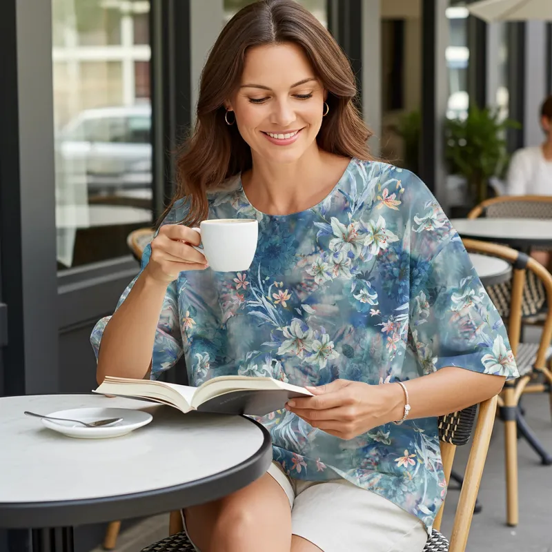 Women Casual Blouse Elbow Sleeve Crew Neck Button-Back 95% Lyocell, 5% Linen Blue Aloha Floral Whispers In The Mist sold by Yiume