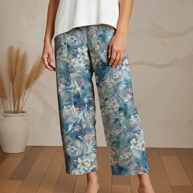 Women Casual Ankle Pants Lounge Elastic Waist with Pockets 93% Lyocell, 7% Linen Blue Aloha Floral Whispers In The Mist sold by Yiume