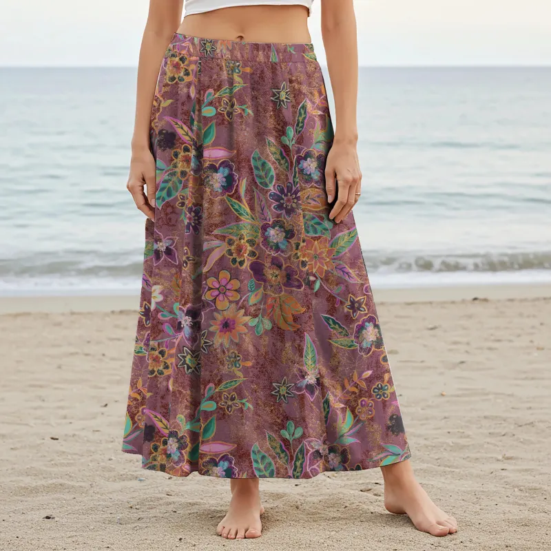 Women Casual Maxi Skirt Long Elastic Waist with Pockets 100% Cotton Purple Aloha Artistic Floral Transformations sold by Yiume