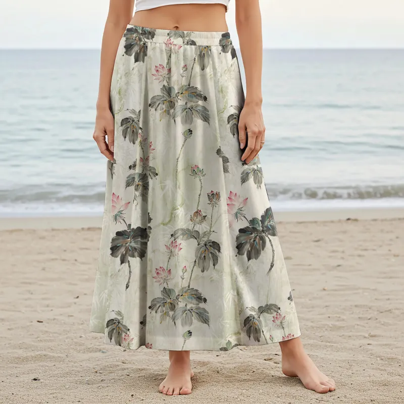 Women Casual Maxi Skirt Long Elastic Waist with Pockets 100% Cotton Green Aloha Lotus Charm sold by Yiume