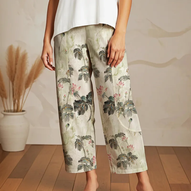 Women Casual Ankle Pants Lounge Elastic Waist with Pockets 93% Lyocell, 7% Linen Green Aloha Lotus Charm sold by Yiume