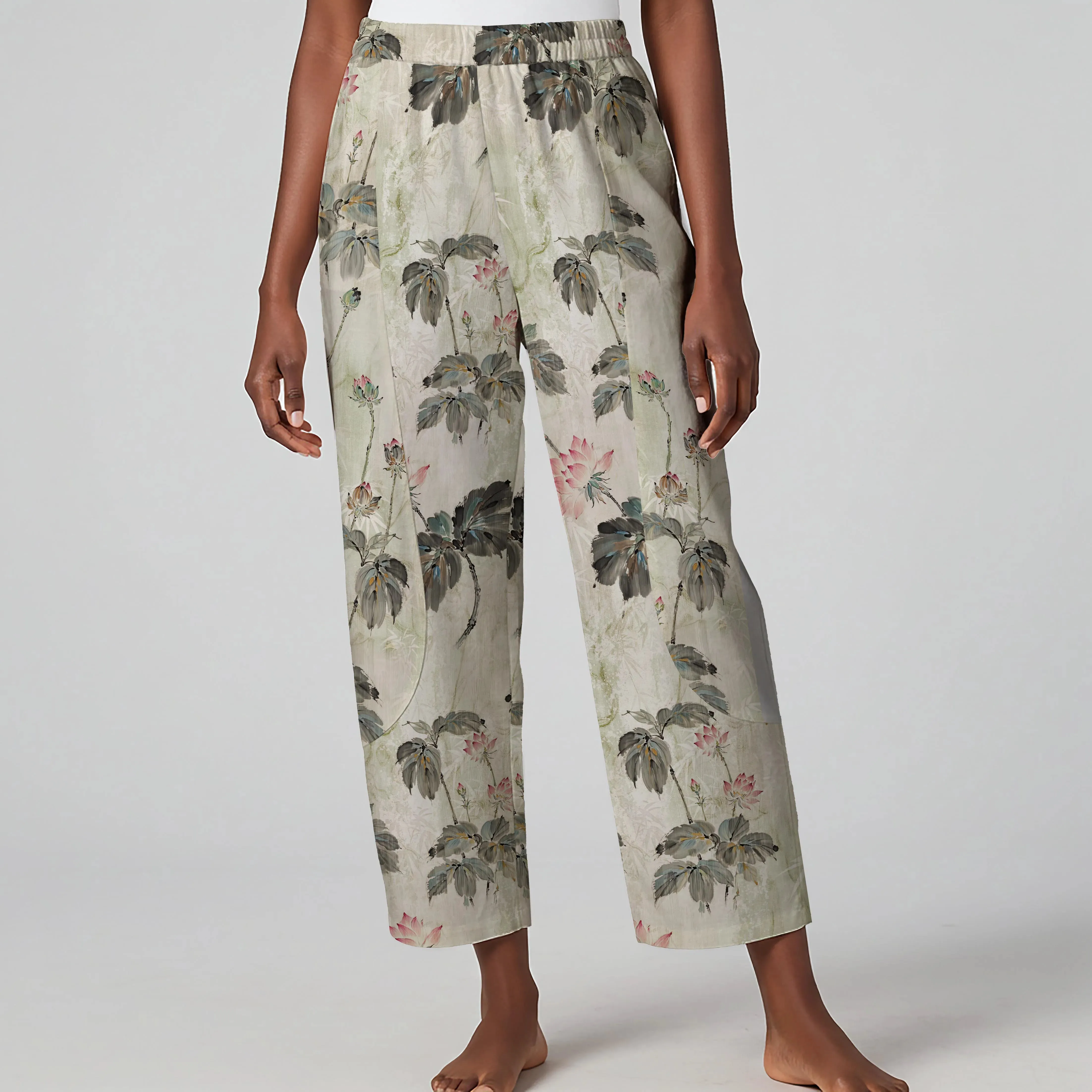 Women Casual Ankle Pants Lounge Elastic Waist with Pockets 93% Lyocell, 7% Linen Green Aloha Lotus Charm sold by Yiume product image thumbnail 2