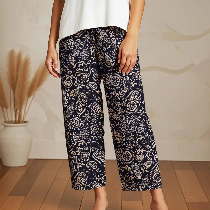 Women Casual Ankle Pants Lounge Elastic Waist with Pockets 93% Lyocell, 7% Linen Black Aloha Elegant Paisley sold by Yiume