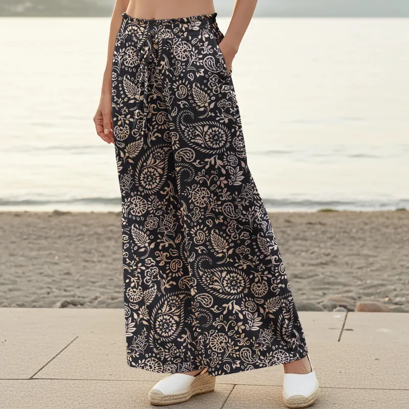 Women Casual Floral Wide Leg Palazzo Pants Lounge Elastic Waist Drawstring with Pockets 100% Cotton Black Aloha Elegant Paisley sold by Yiume