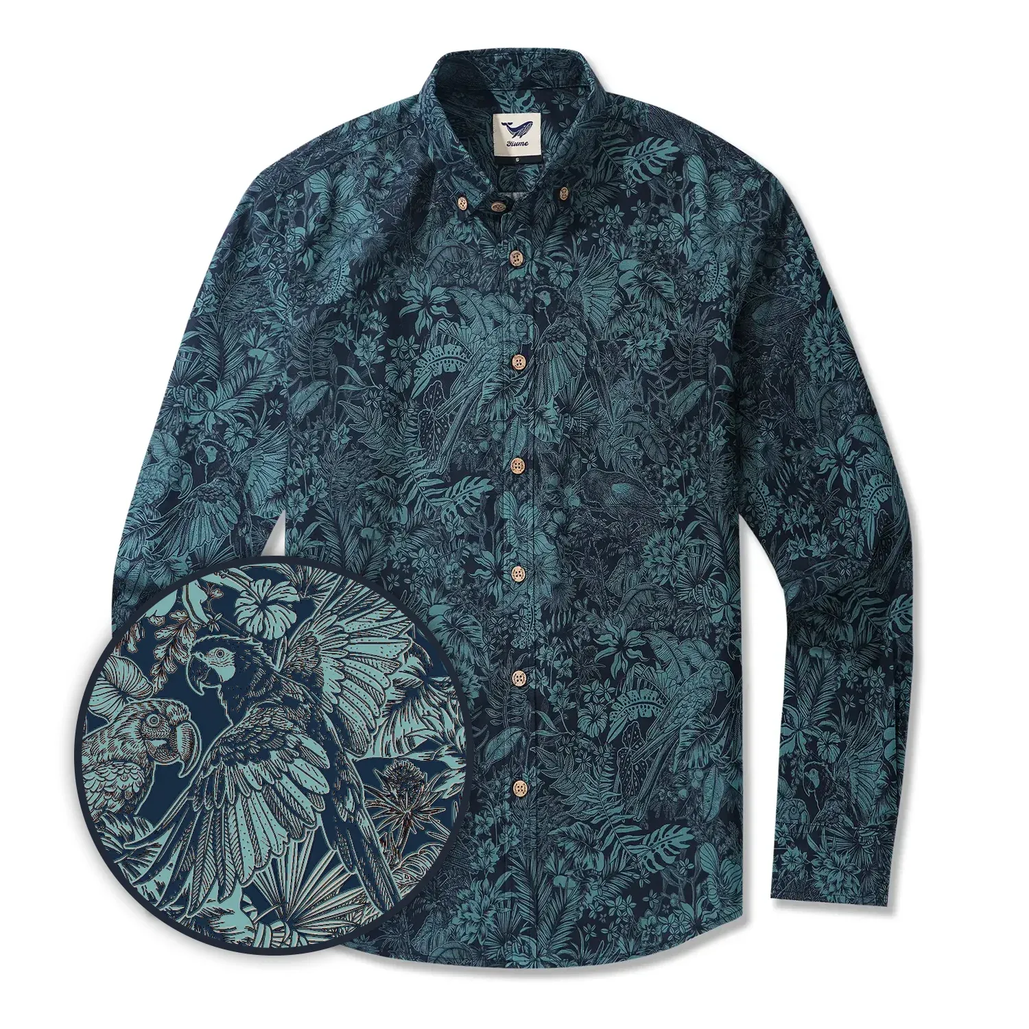Men's Hawaiian Shirt Long Sleeve Button-down 100% Cotton Green Aloha Tropical Jungle Charm sold by Yiume