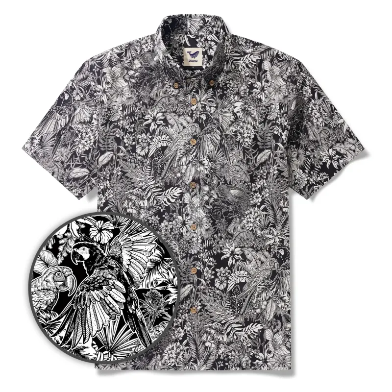 Men's Hawaiian Shirt Short Sleeve Button-down 100% Cotton White Aloha Monochrome Tropical Jungle Charm sold by Yiume