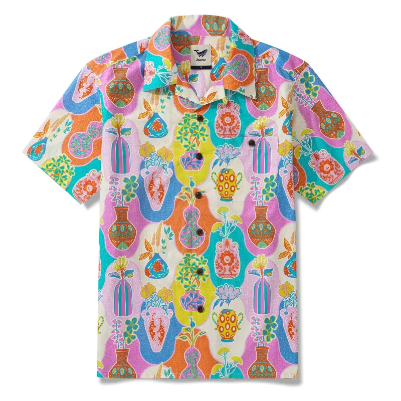 Colorful Kitschy Vases By Mona Ahmed 100% Cotton Men's Aloha Hawaiian Short Sleeve Camp Collar Shirt sold by Yiume