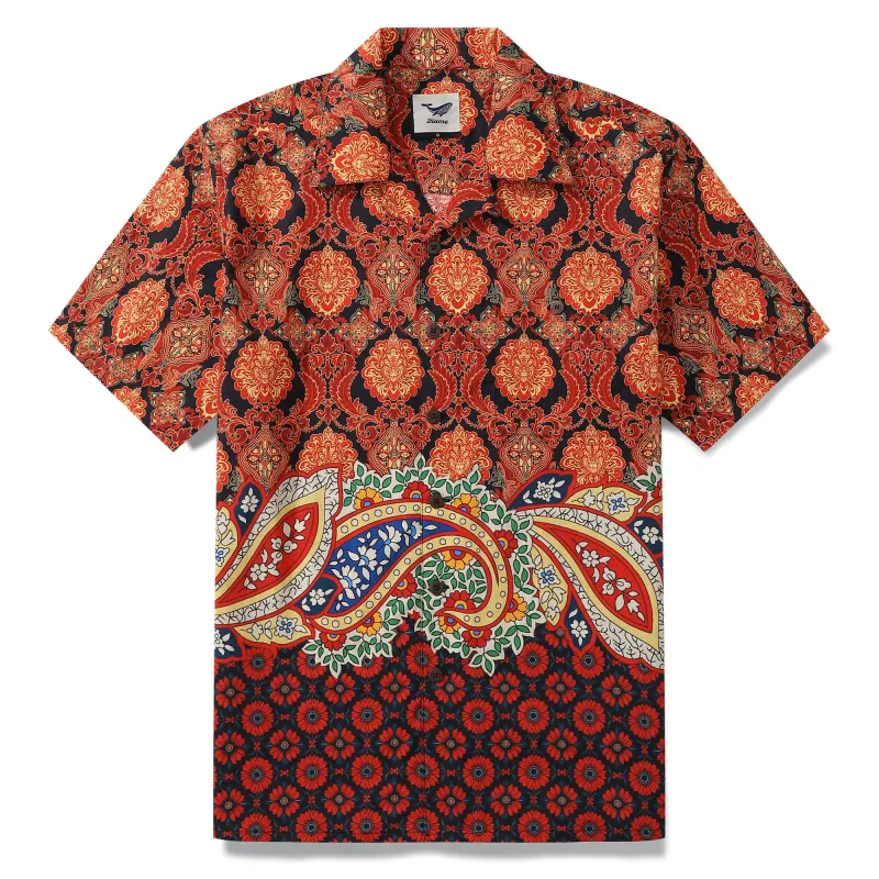 100% Cotton Hawaiian Shirt For Men Red pattern Camp Collar Shirt sold by Yiume