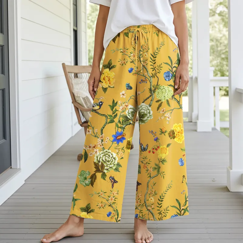 Women Casual Floral Wide Leg Pants Lounge Elastic Waist Drawstring with Pockets 93% Lyocell, 7% Linen Yellow Aloha Turmeric Courtyard Blossom sold by Yiume