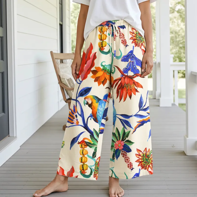 Women Casual Floral Wide Leg Pants Lounge Elastic Waist Drawstring with Pockets 93% Lyocell, 7% Linen Orange Aloha Tropical Parrot Flower sold by Yiume