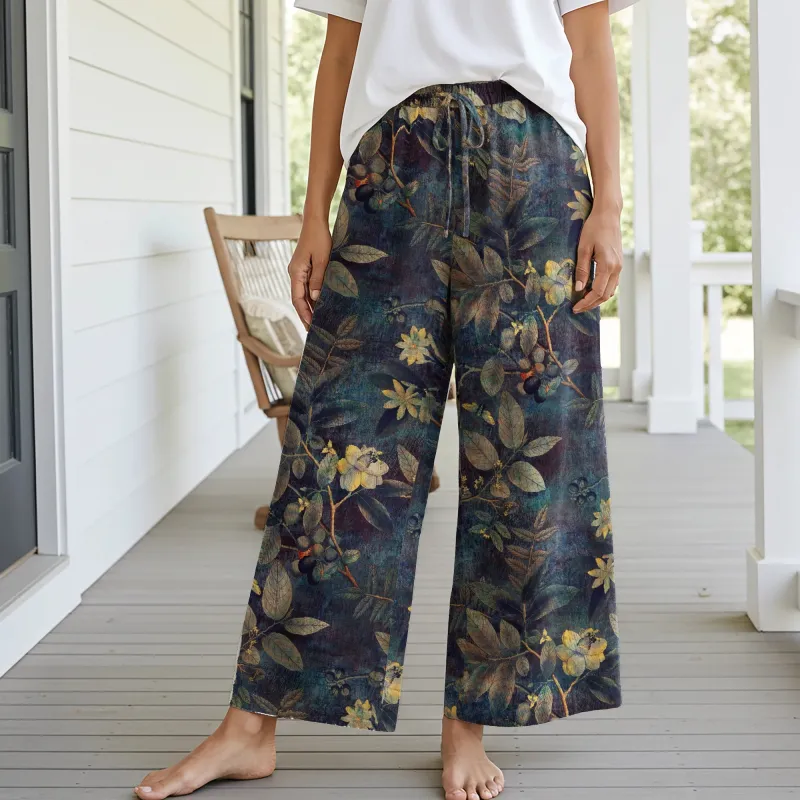 Women Casual Pants Lounge Elastic Waist Drawstring with Pockets 93% Lyocell, 7% Linen Green Aloha Atmospheric Plant Whispers sold by Yiume
