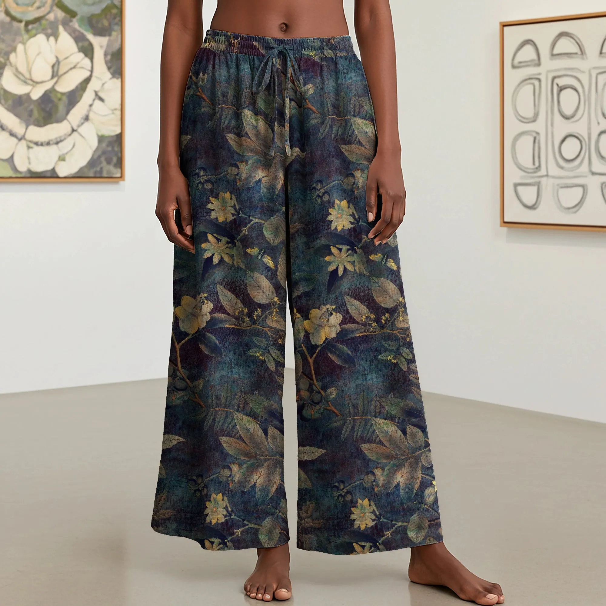 Women Casual Pants Lounge Elastic Waist Drawstring with Pockets 93% Lyocell, 7% Linen Green Aloha Atmospheric Plant Whispers sold by Yiume product image thumbnail 2