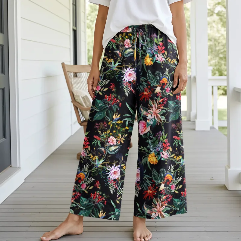 Women Casual Floral Wide Leg Pants Lounge Elastic Waist Drawstring with Pockets 93% Lyocell, 7% Linen Black Aloha Tropical Midnight Charm sold by Yiume