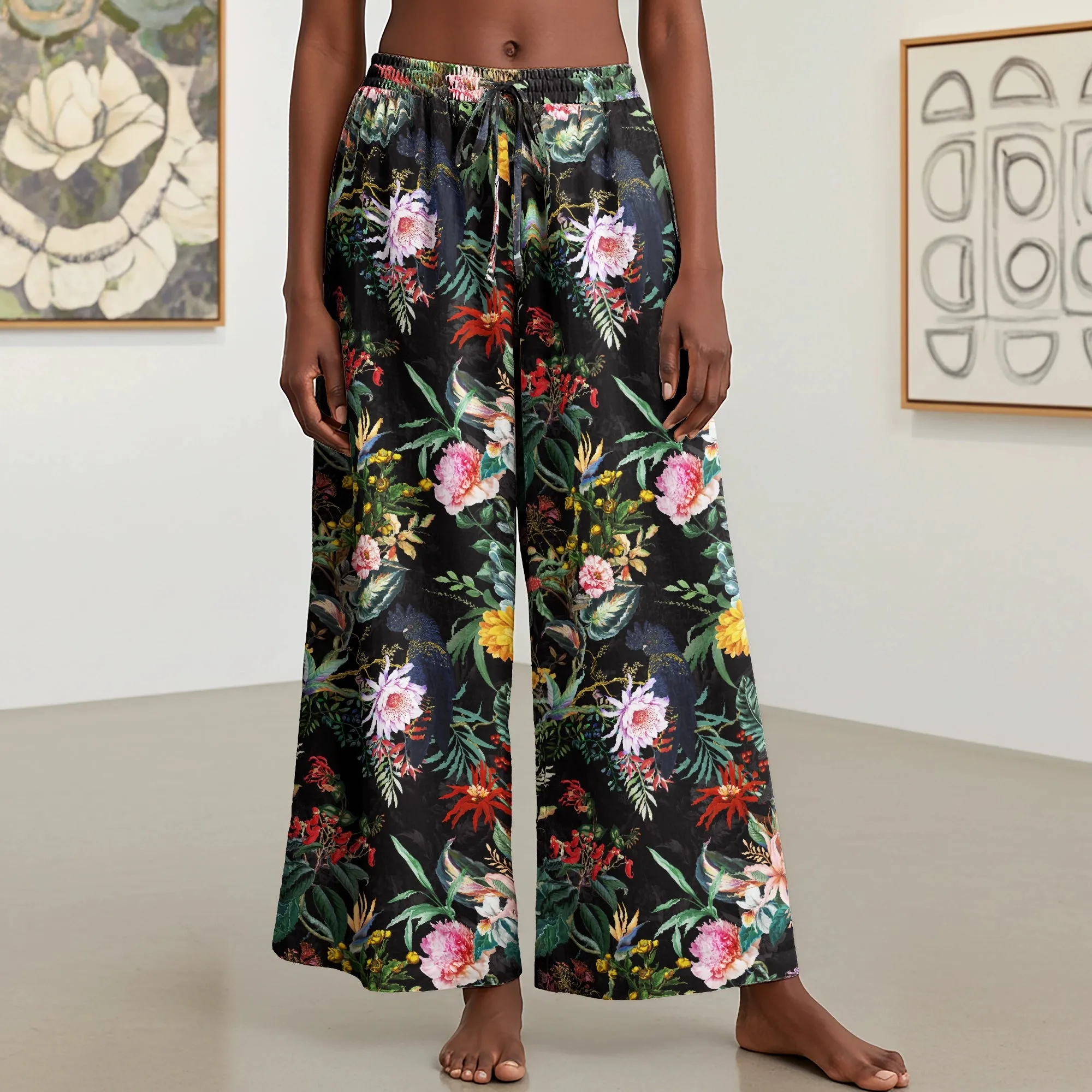 Women Casual Floral Wide Leg Pants Lounge Elastic Waist Drawstring with Pockets 93% Lyocell, 7% Linen Black Aloha Tropical Midnight Charm sold by Yiume product image thumbnail 2