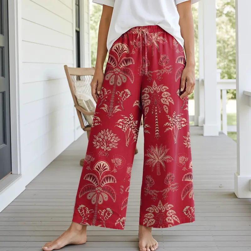 Women Casual Floral Wide Leg Pants Lounge Elastic Waist Drawstring with Pockets 93% Lyocell, 7% Linen Red Aloha Retro Tropical Sparkle sold by Yiume
