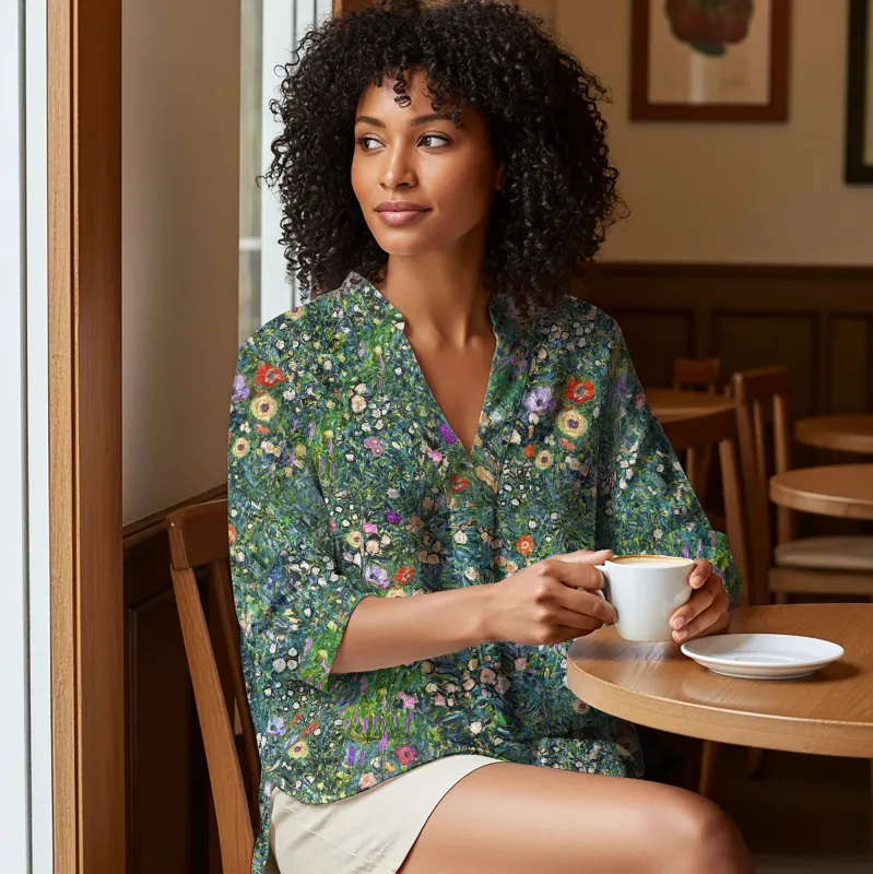 Women Casual Blouse 3/4 Sleeve V-neck Shirt Collar 95% Lyocell, 5% Linen Green Aloha Artistic Garden sold by Yiume