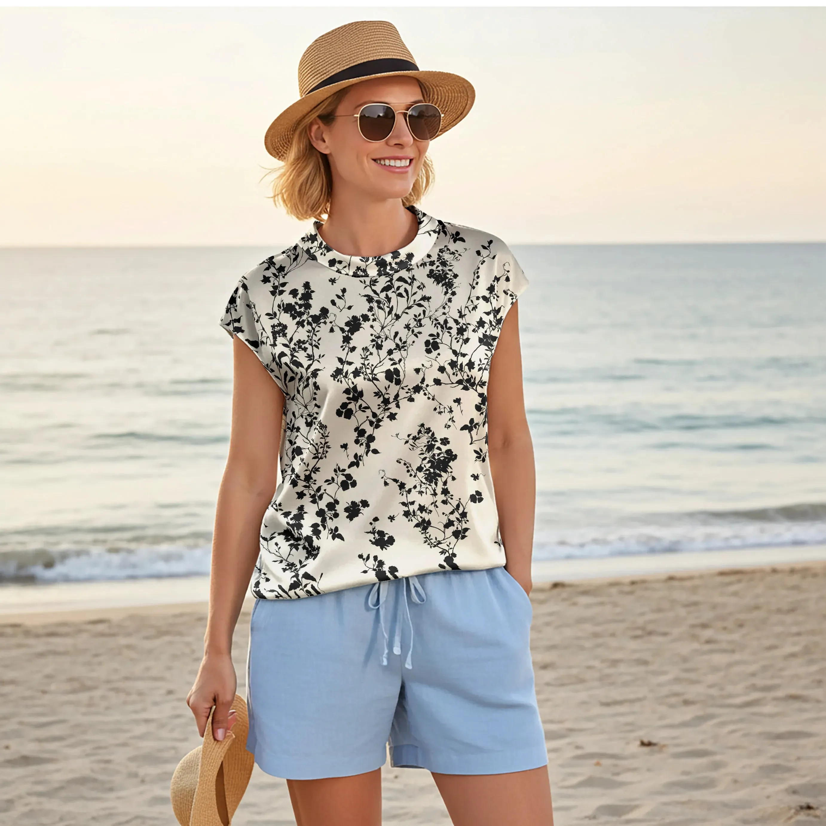 Women Casual Blouse Cap Sleeve Fold-Over Neck Button-Back 100% Lyocell Beige Aloha Tranquil Inkvine sold by Yiume