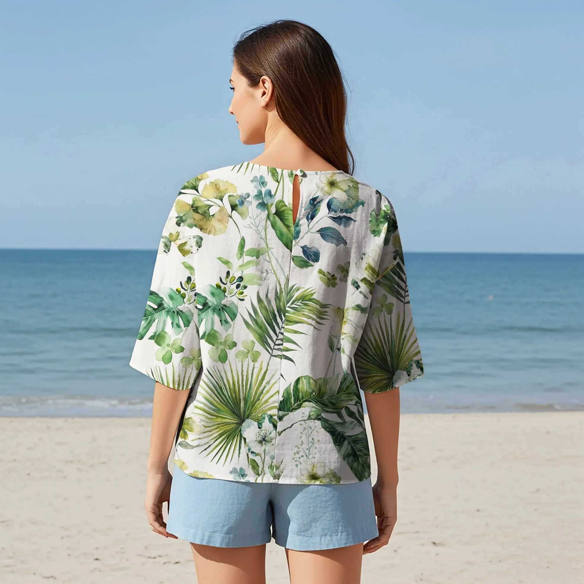 Women Casual Blouse Elbow Sleeve Crew Neck Button-Back 95% Lyocell, 5% Linen Green Aloha Fresh Rainforest Flowers sold by Yiume product image thumbnail 2