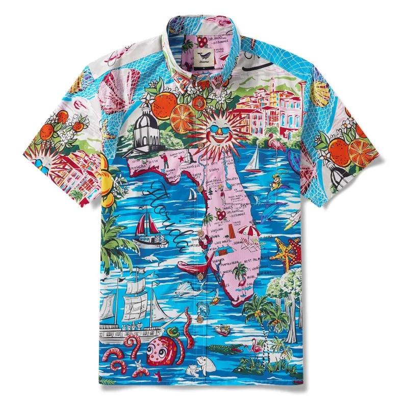 Men's Hawaiian Shirt Short Sleeve Button-down 100% Cotton Blue Aloha Florida Sunshine Coast sold by Yiume