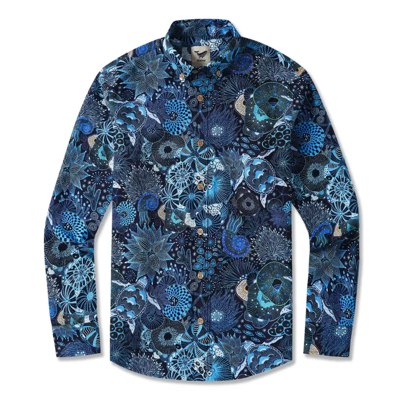 Men's Hawaiian Shirt Long Sleeve Button-down 100% Cotton Blue Aloha Reef Rules sold by Yiume