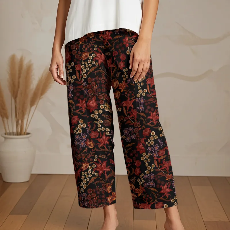 Women Casual Ankle Pants Lounge Elastic Waist with Pockets 93% Lyocell, 7% Linen Red Aloha Dark Floral Legend sold by Yiume