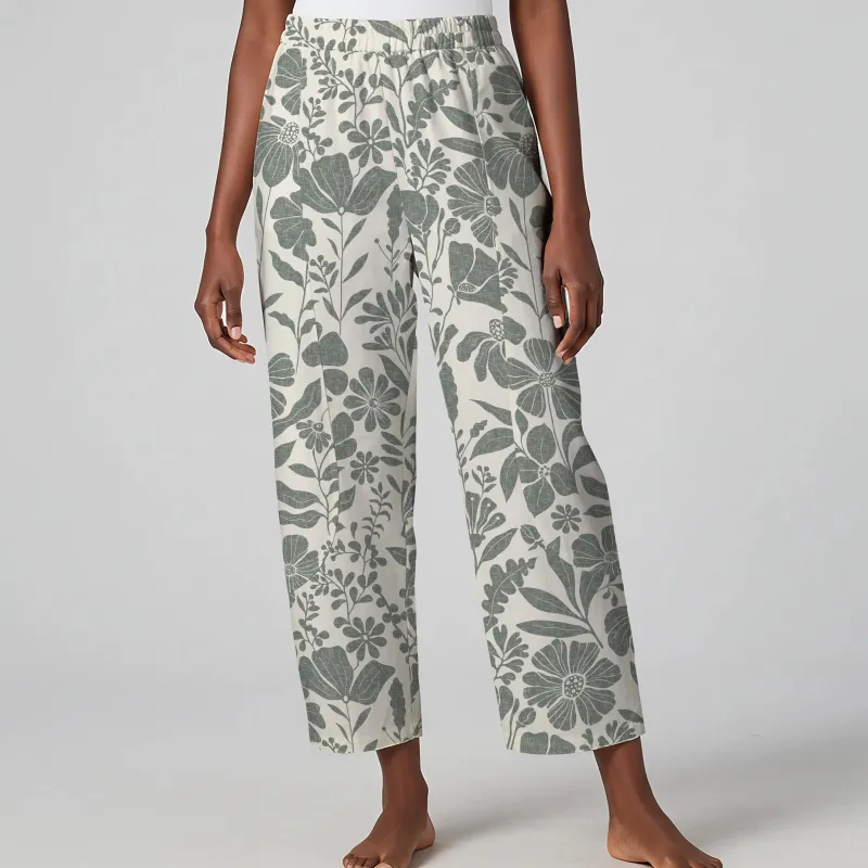 Women Casual Ankle Pants Lounge Elastic Waist with Pockets 93% Lyocell, 7% Linen Green Aloha Floral Symphony sold by Yiume